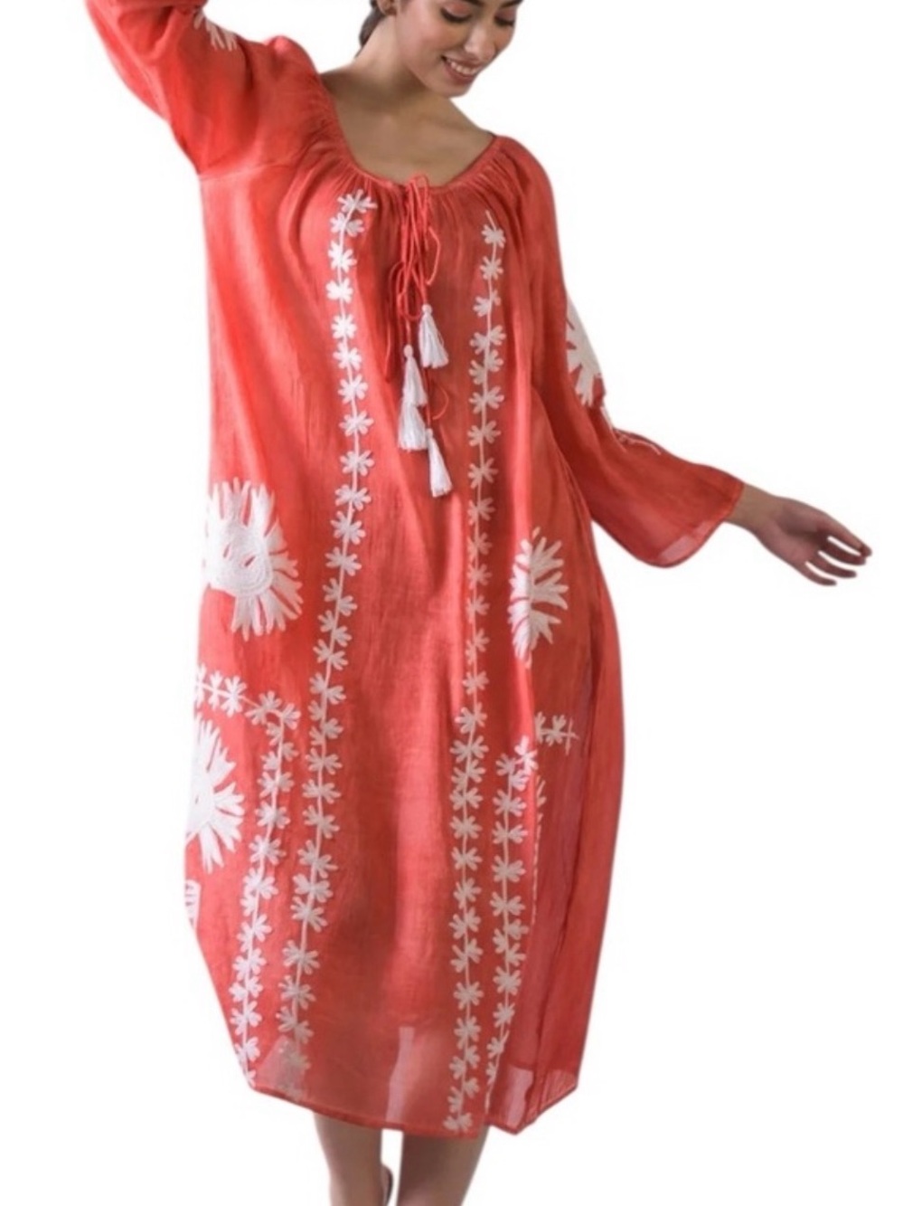 NWT Rhea Flower Pattern Embroidered Dress - Coral with White Embroidery